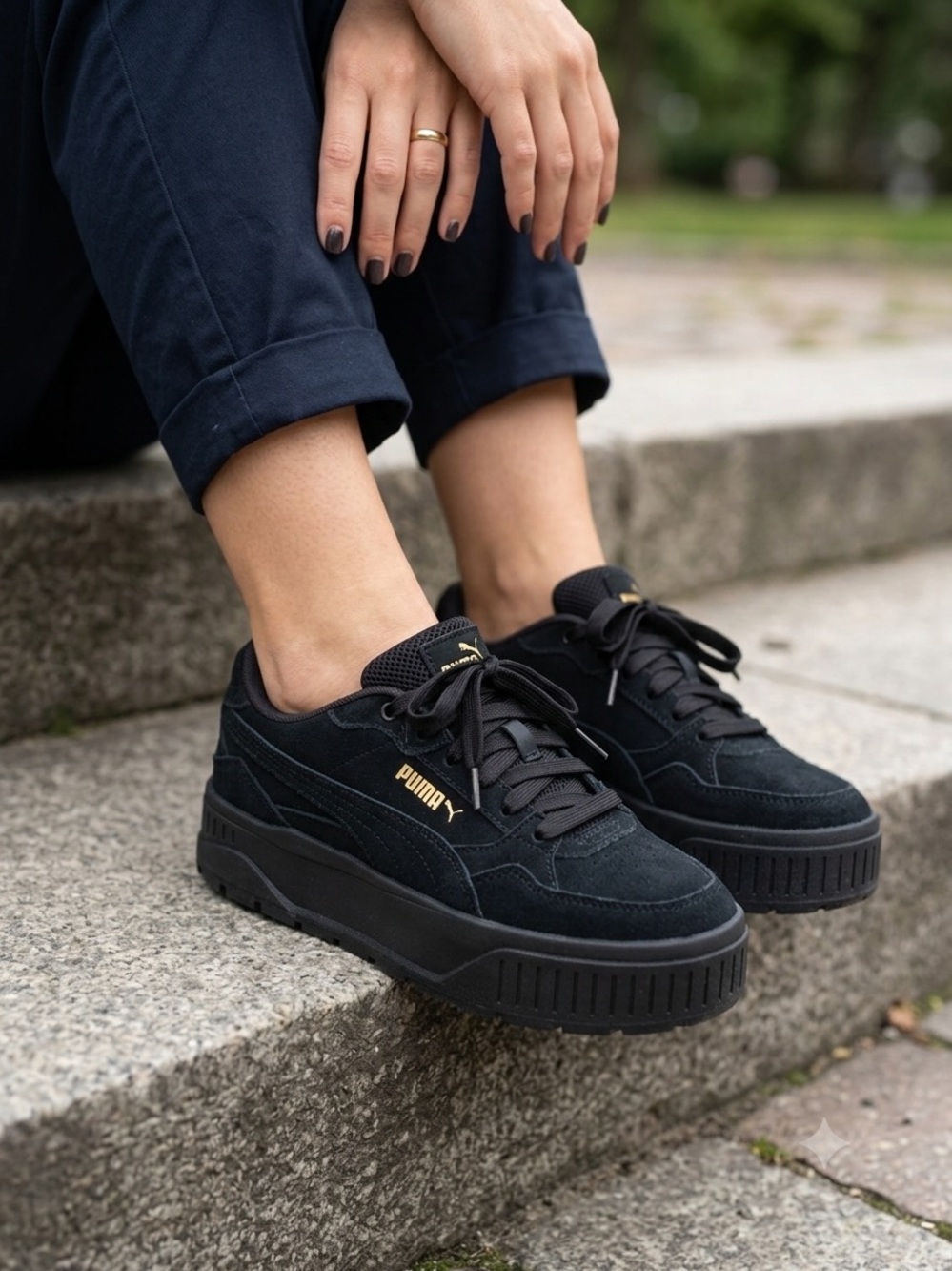 Puma Women’s Black Suede Platform Sneakers with Gold Logo. Size 6.5